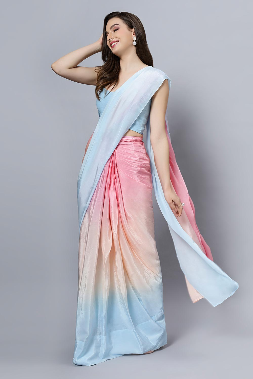 Alia Sky Blue Ombre Crepe Silk Ready to Ship One Minute Saree