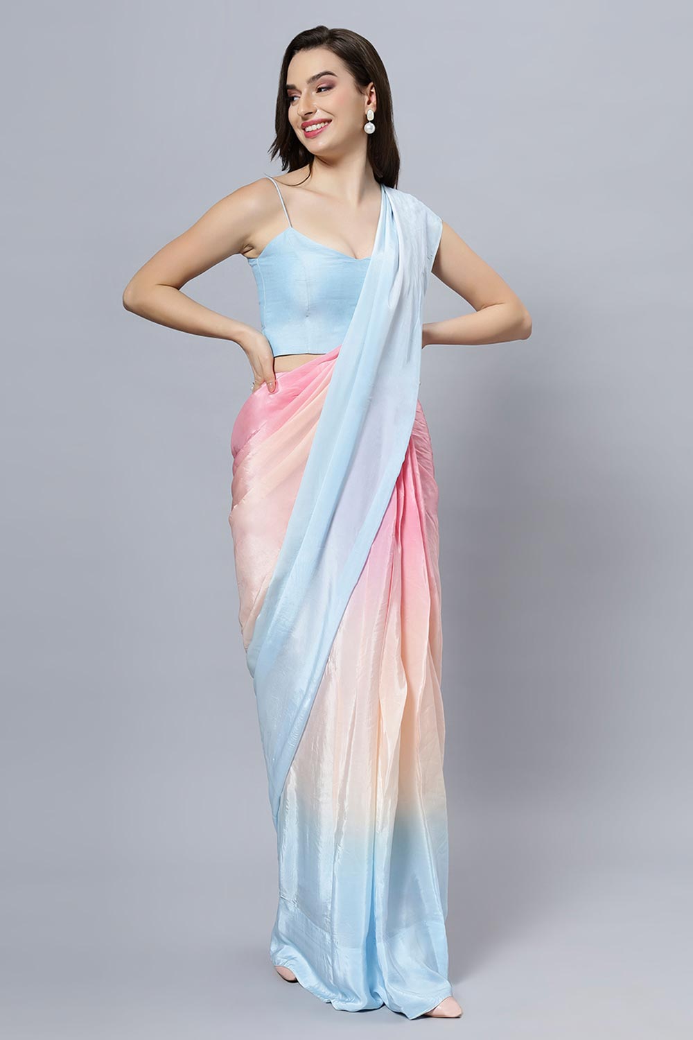 Alia Sky Blue Ombre Crepe Silk Ready to Ship One Minute Saree