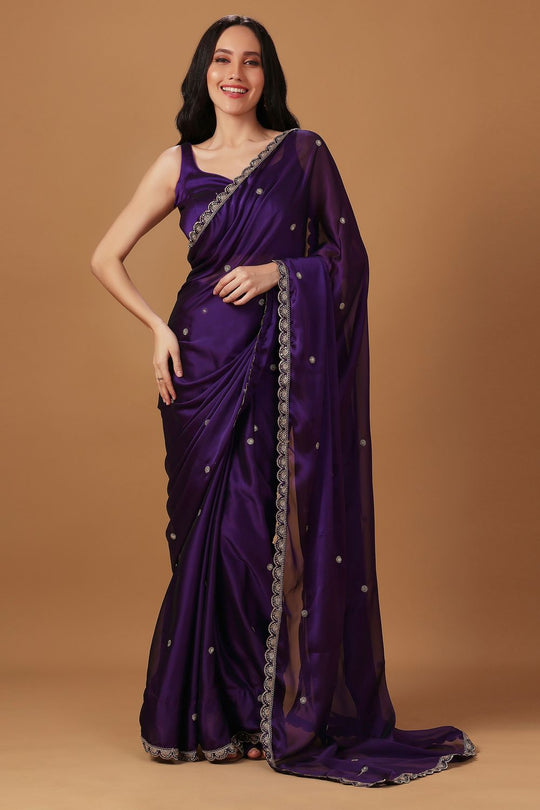 Nina Purple Soft Crepe Zari Thread Embroidered Ready to Wear Saree