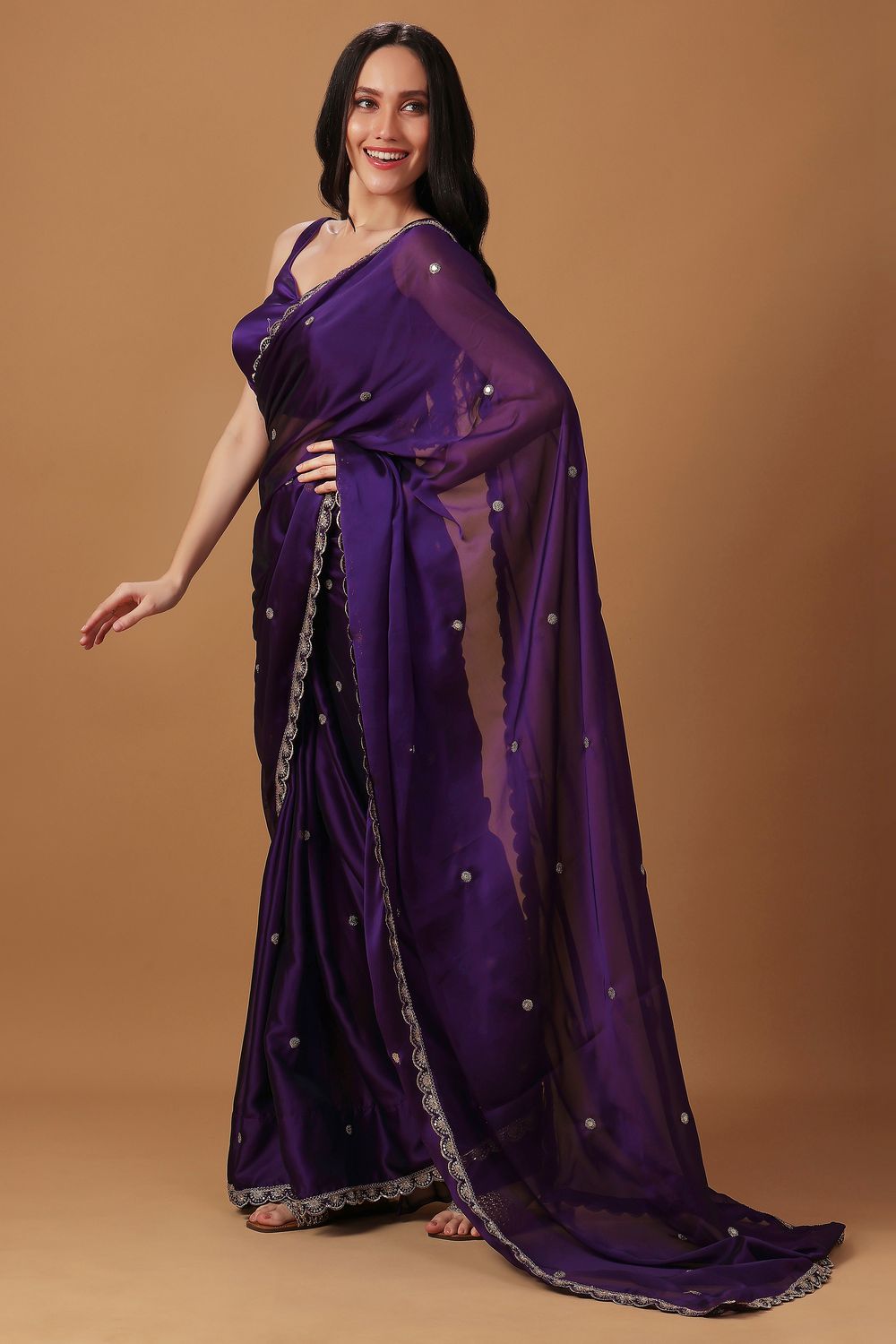 Nina Purple Soft Crepe Zari Thread Embroidered Ready to Wear Saree