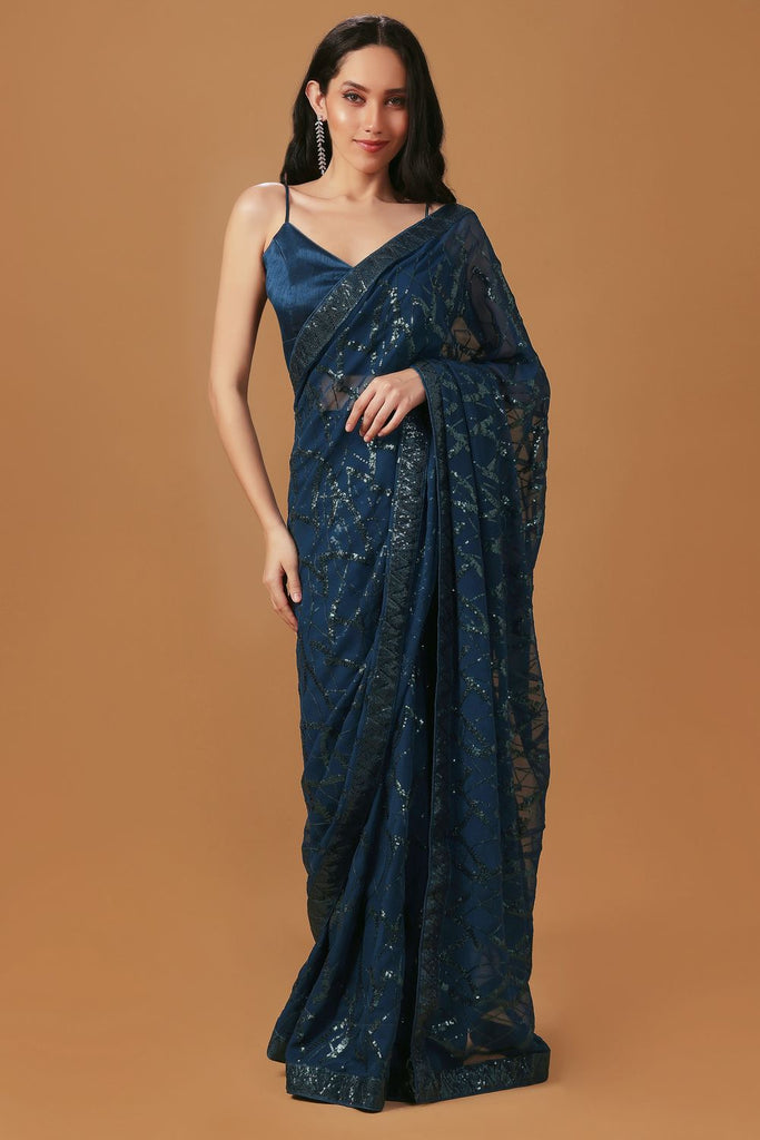 Sabina Teal Georgette Thread & Sequins Work Ready to Wear Saree
