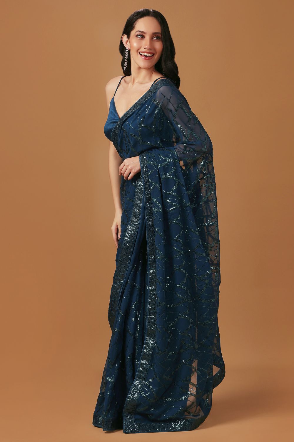 Sabina Teal Georgette Thread & Sequins Work Ready to Wear Saree