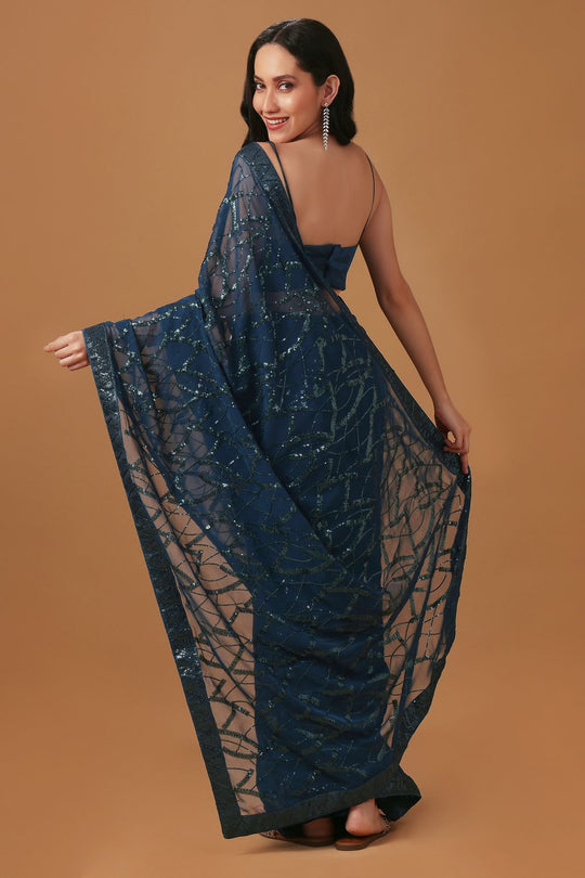 Sabina Teal Georgette Thread &amp; Sequins Work Ready to Wear Saree