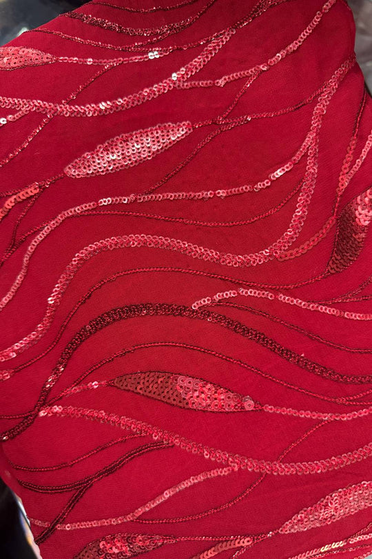 Nyris Red Sequins Georgette One Minute Saree