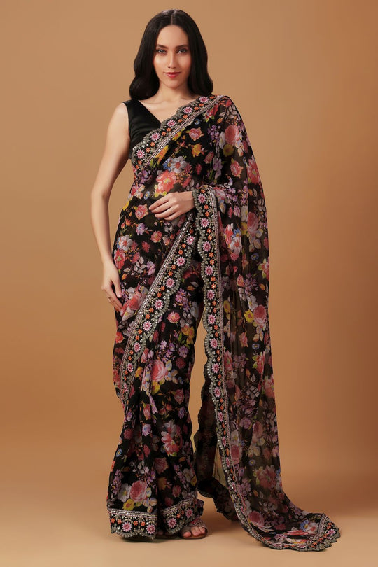 Florencia Black Floral Georgette Crepe Ready to Wear One Minute Saree