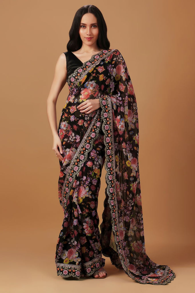 Florencia Black Floral Georgette Crepe Ready to Wear One Minute Saree