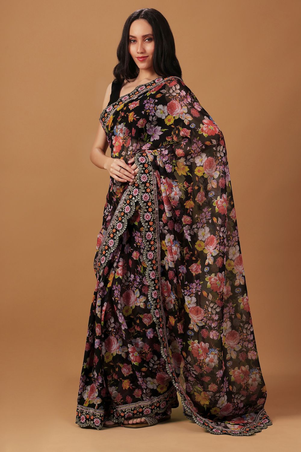 Florencia Black Floral Georgette Crepe Ready to Wear One Minute Saree