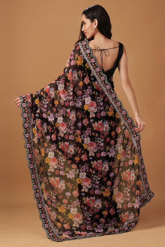 Florencia Black Floral Georgette Crepe Ready to Wear One Minute Saree
