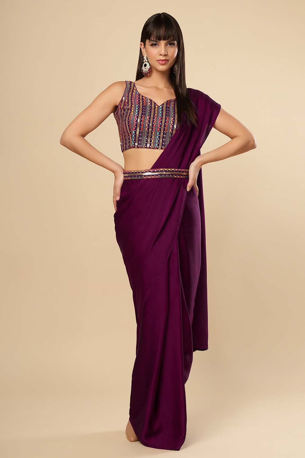 Bianca Burgundy Silk One Minute Saree Set with Shimmer Blouse