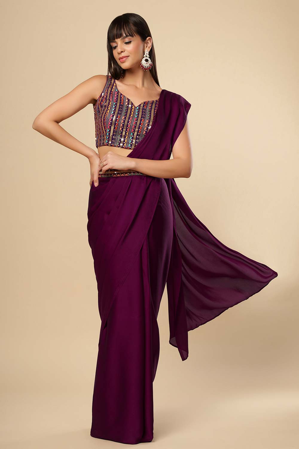 Bianca Burgundy Silk One Minute Saree Set with Shimmer Blouse