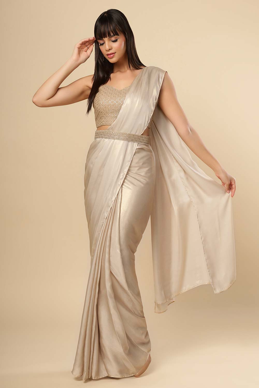 Deva Champagne Gold Silk One Minute Saree Set with Shimmer Blouse