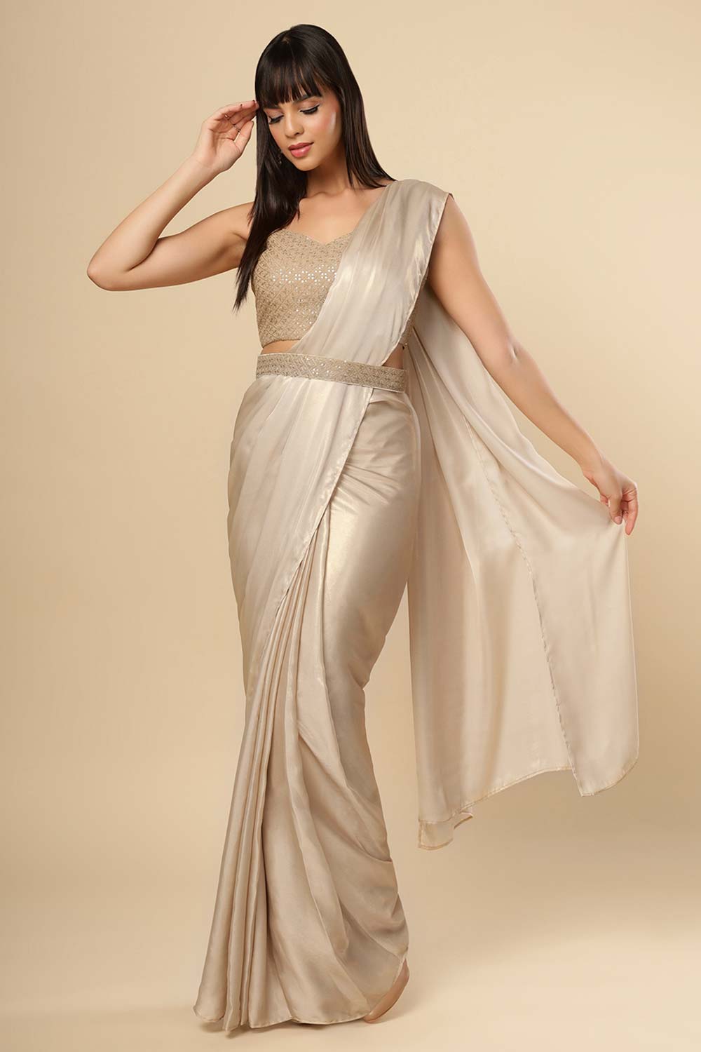 Deva Champagne Gold Silk Ready2Ship One Minute Saree