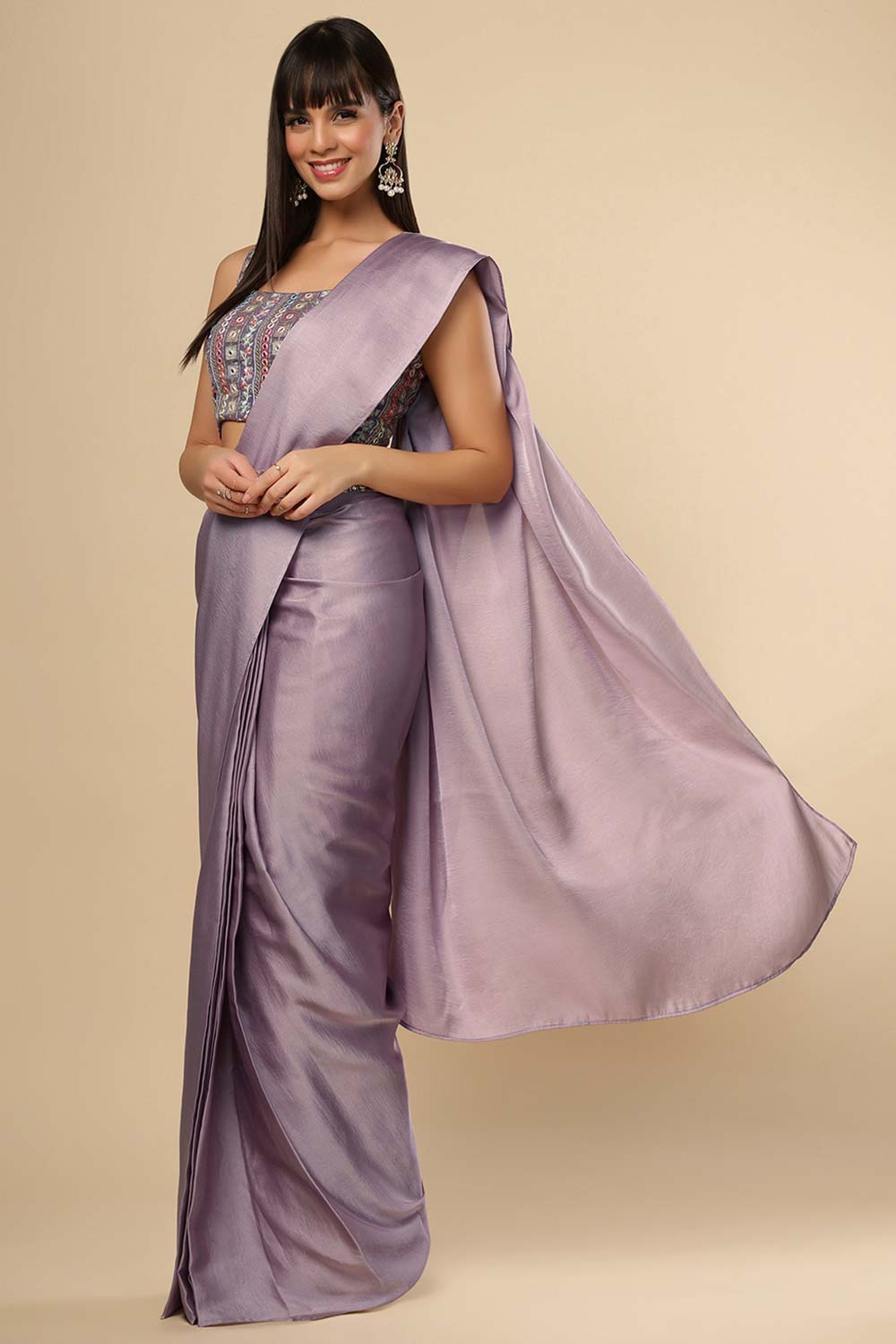 Neri Violet Grey Silk One Minute Saree Set with Shimmer Blouse & Belt