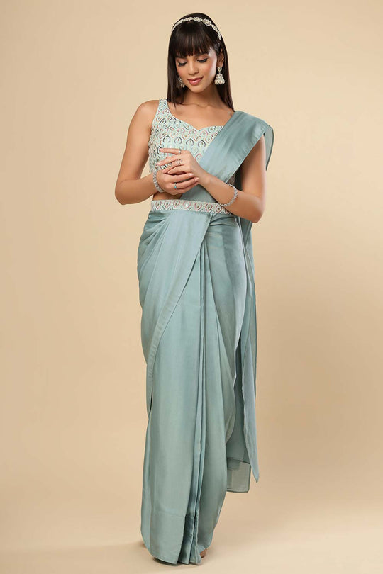 Meriel Turquoise Silk Solid Ready to Wear One Minute Saree