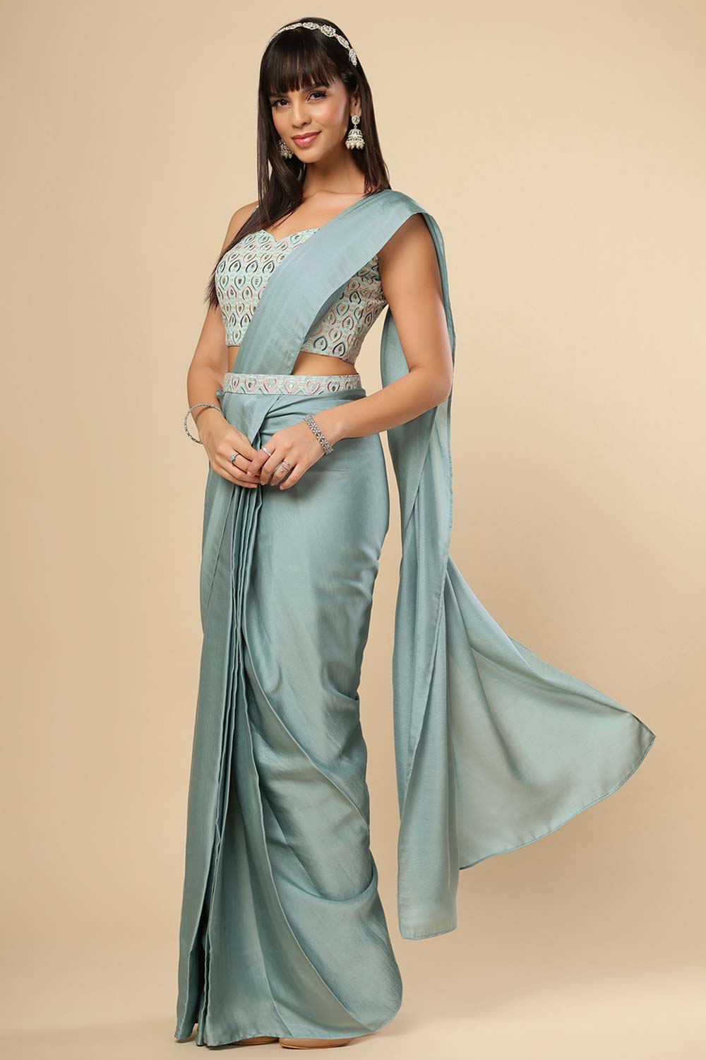 Meriel Silver Turquoise Silk One Minute Saree Set with Shimmer Blouse & Belt