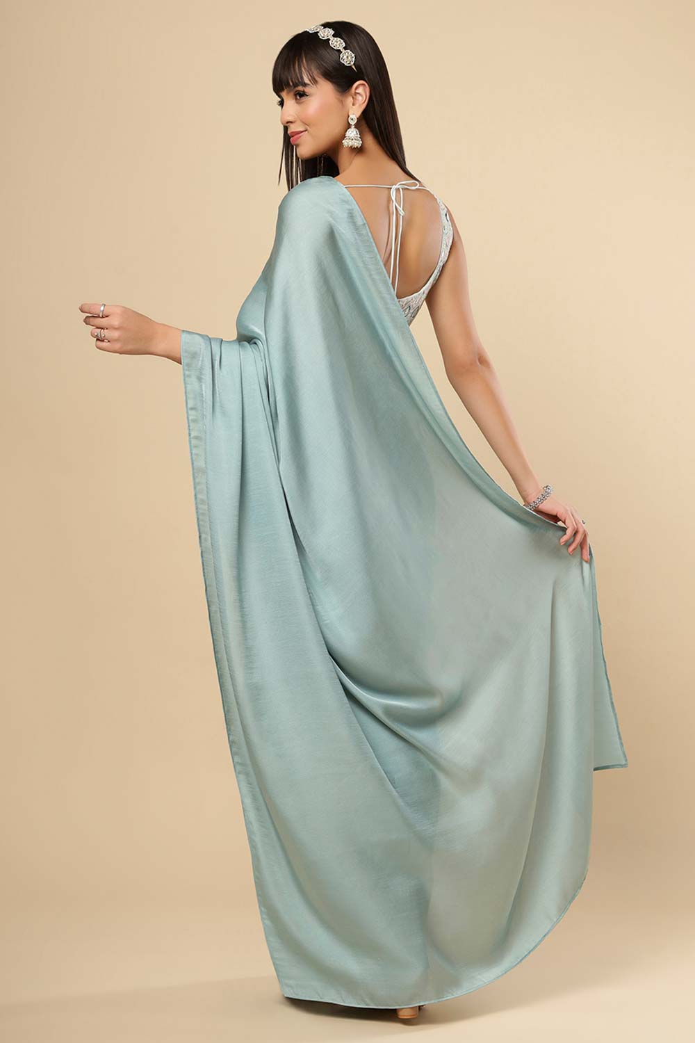 Meriel Turquoise Silk Solid Ready to Wear One Minute Saree