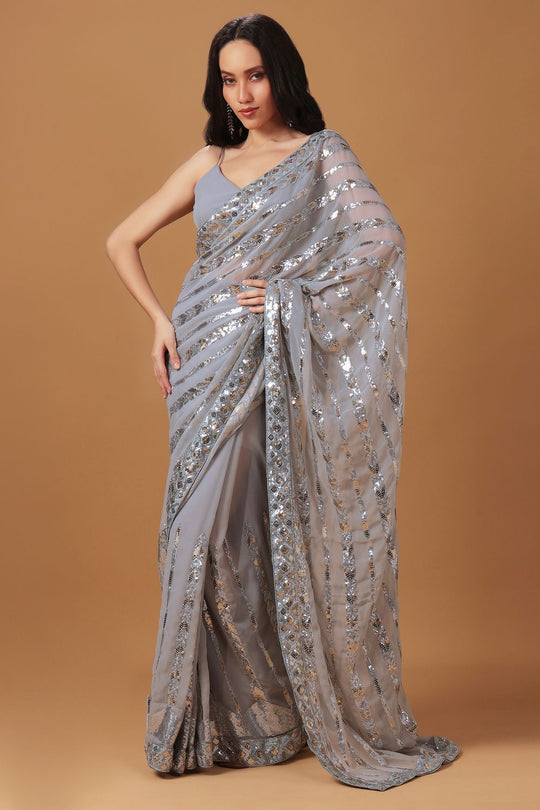 Etta Grey Georgette Saree with Embroidery Work Ready to Wear One Minute Saree