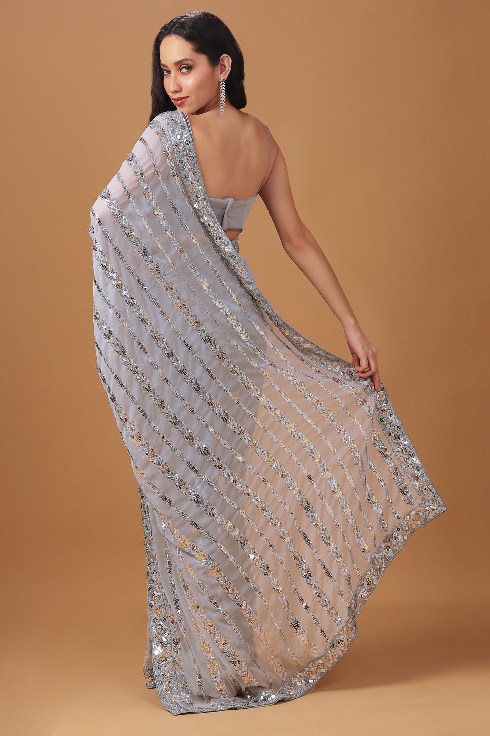 Sabina Silver Georgette Embellished Ready to Wear One Minute Saree