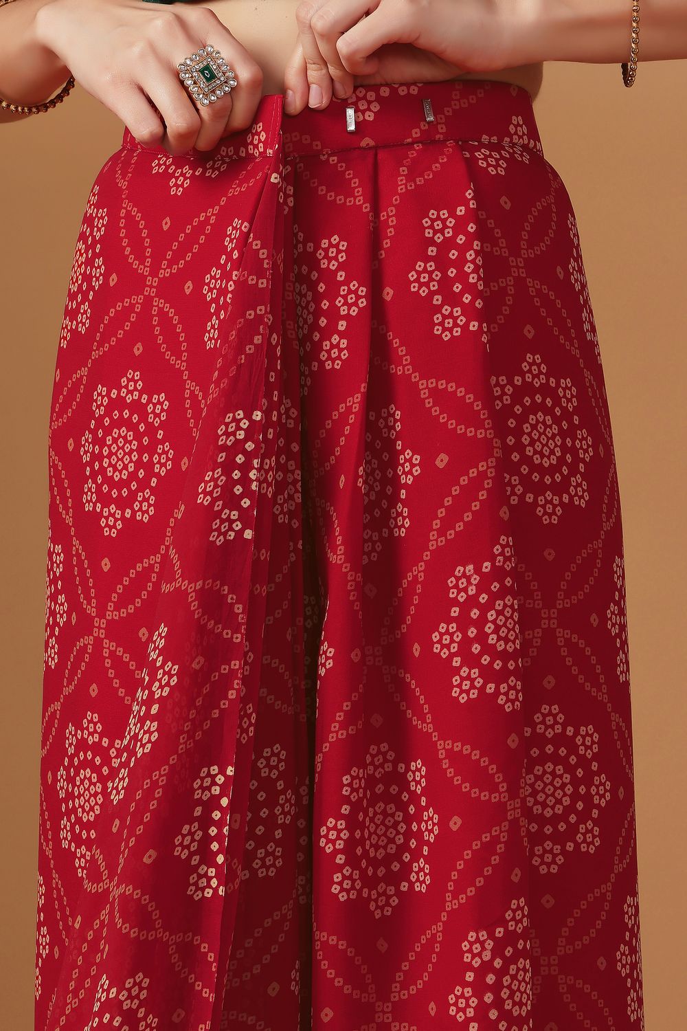 Lalo Red Georgette Bandhani Print Zari Work Festive Ready to Wear Saree