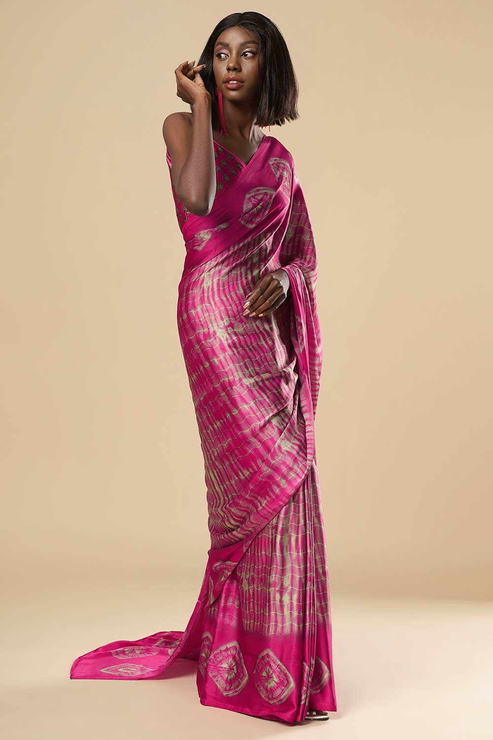 Naia Pink Printed Crepe One Minute Saree