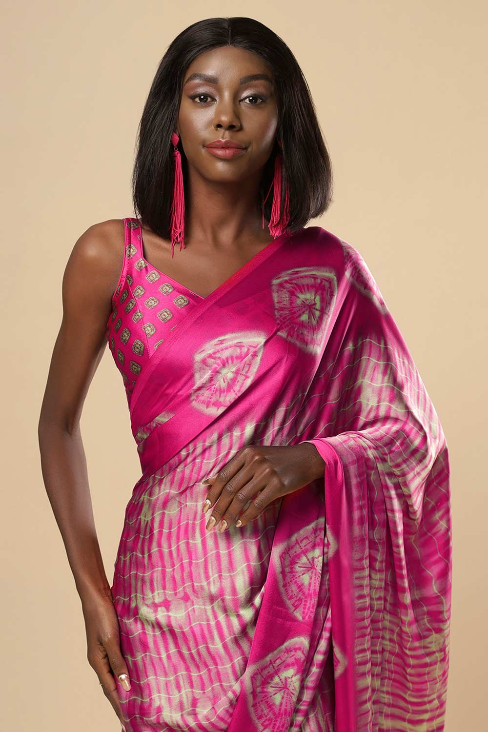 Naia Pink Printed Crepe One Minute Saree