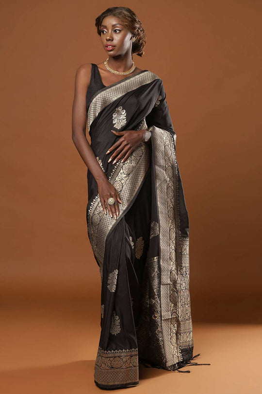 Hibana Black Art Silk Banarasi Woven Ready to Wear One Minute Saree