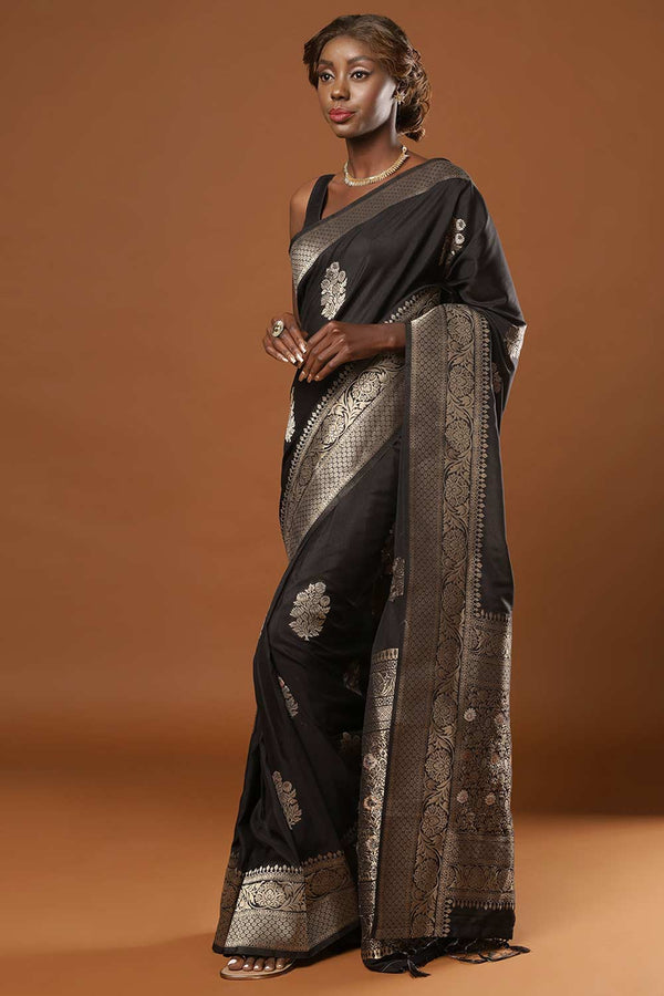 Hibana Black Art Silk Banarasi One Minute Saree
