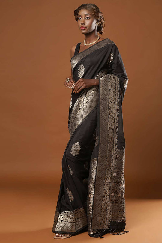 Hibana Black Art Silk Banarasi Ready2Ship One Minute Saree