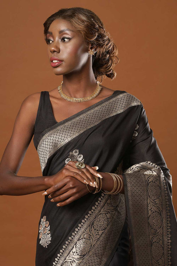 Hibana Black Art Silk Banarasi One Minute Saree