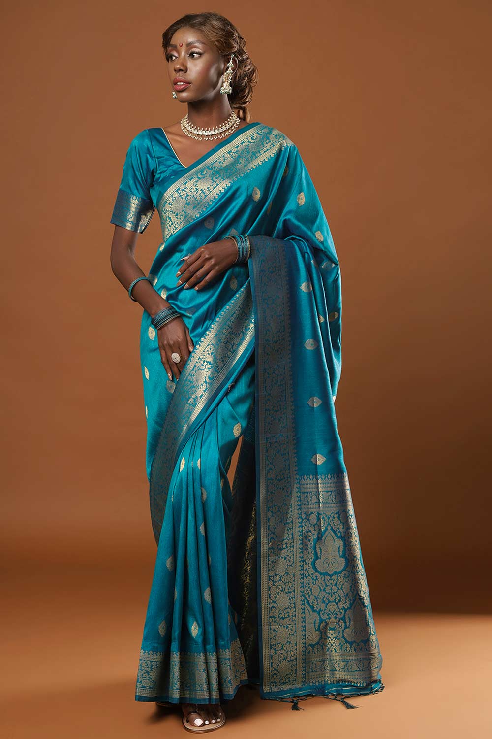 Afra Turquoise Moss Weave Art Silk One Minute Saree