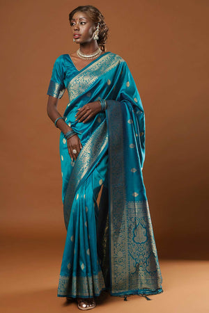 Afra Turquoise Moss Weave Art Silk One Minute Saree