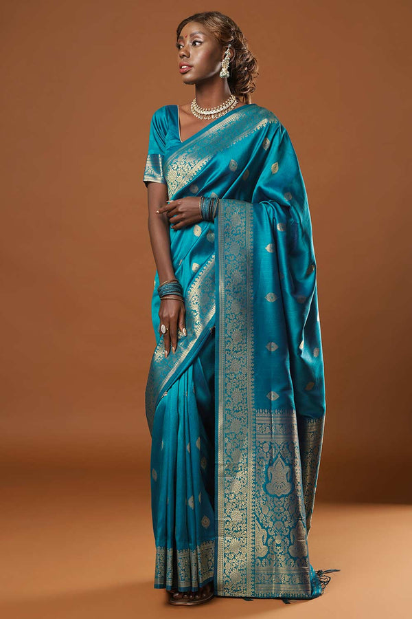 Afra Turquoise Moss Weave Art Silk One Minute Saree
