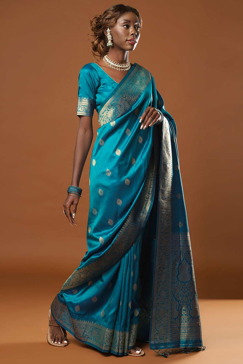Afra Turquoise Moss Weave Art Silk One Minute Saree