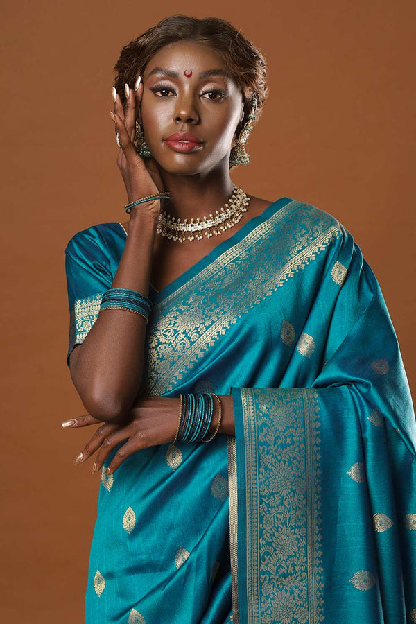 Afra Turquoise Moss Weave Art Silk One Minute Saree