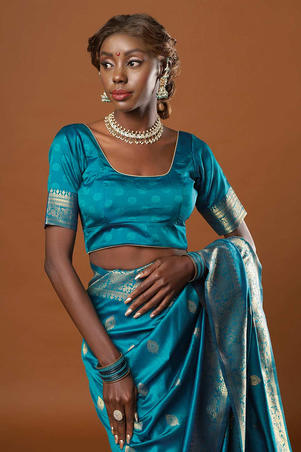 Afra Turquoise Moss Weave Art Silk One Minute Saree
