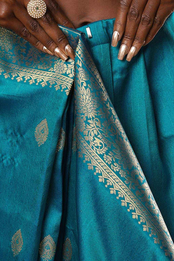 Afra Turquoise Moss Weave Art Silk One Minute Saree