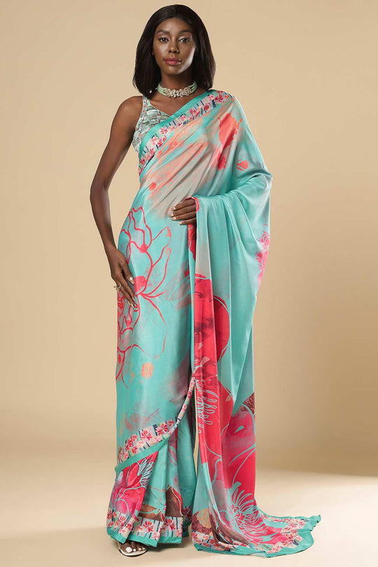 Kriss Green Crepe Floral Ready to Wear One Minute Saree