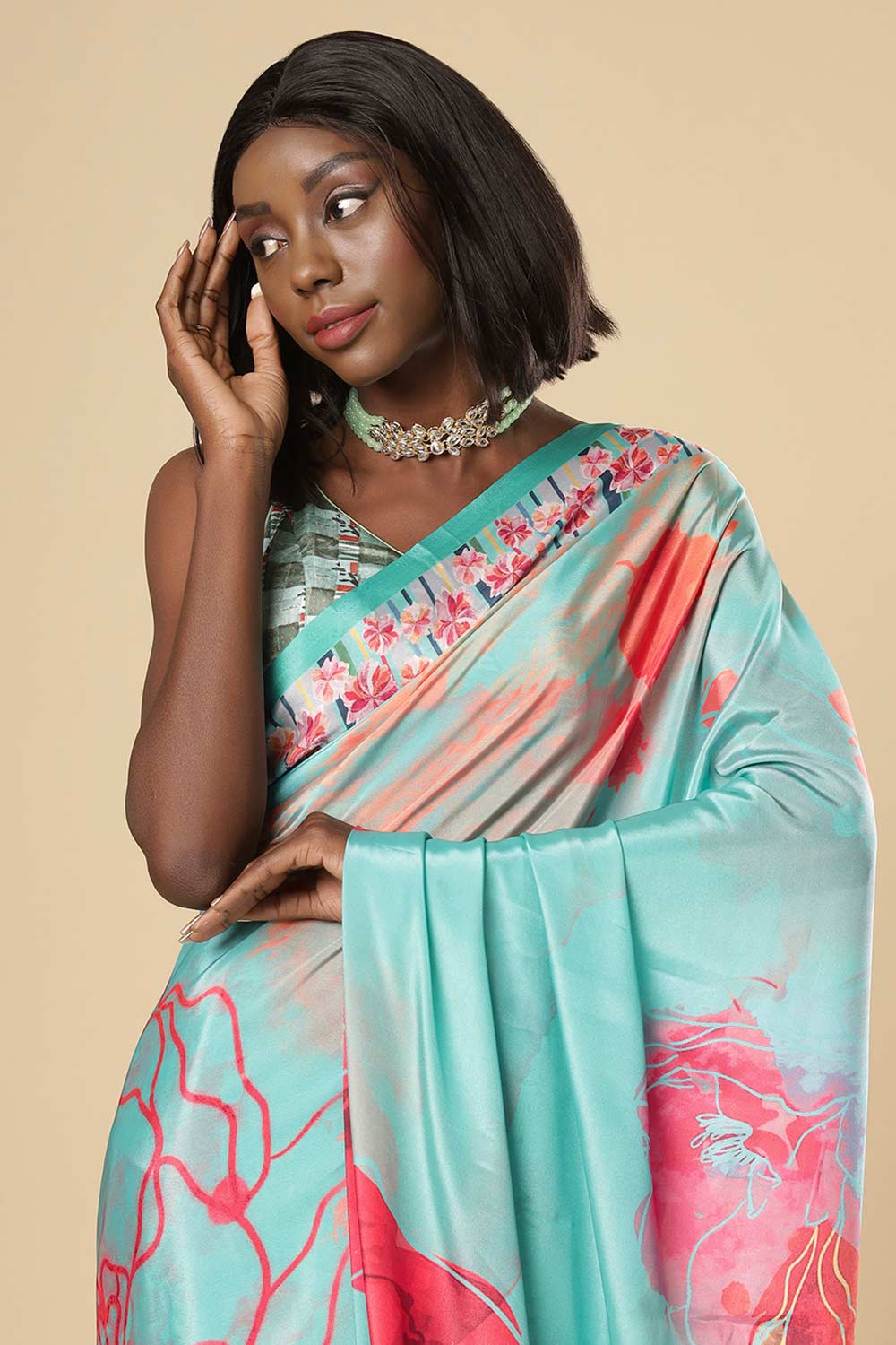 Kriss Green Crepe Floral Ready to Wear One Minute Saree