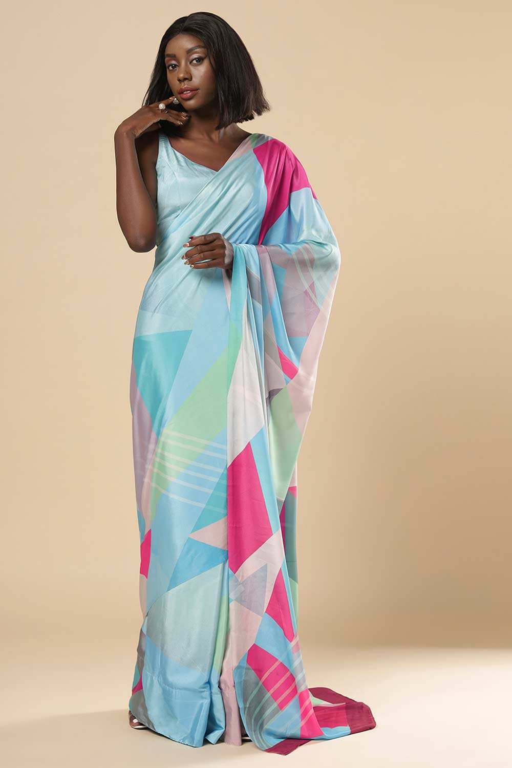 Kriss Turquoise Abstract Crepe One Minute Saree