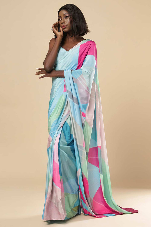Kriss Turquoise Abstract Crepe One Minute Saree