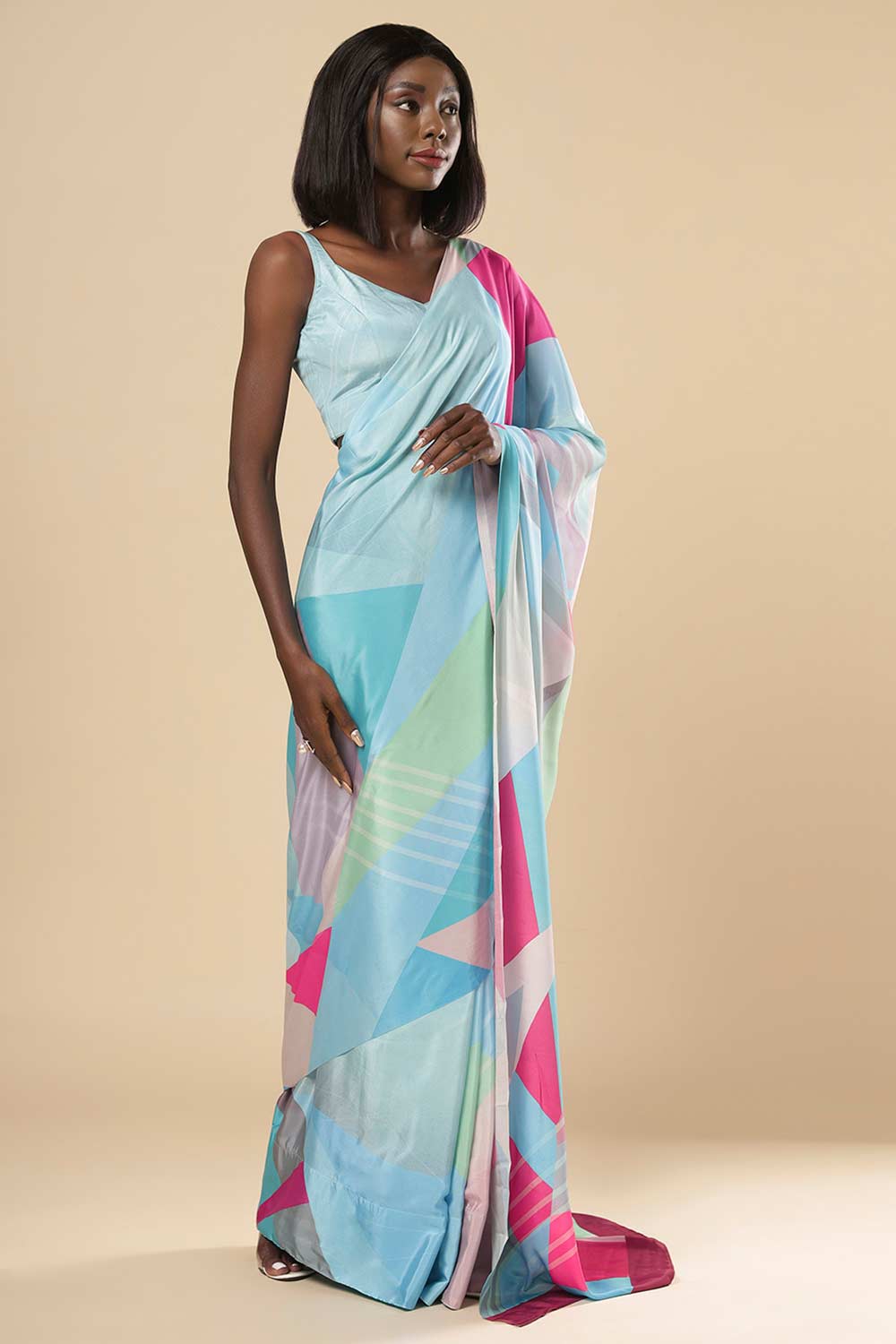 Kriss Turquoise Abstract Crepe Ready2Ship One Minute Saree