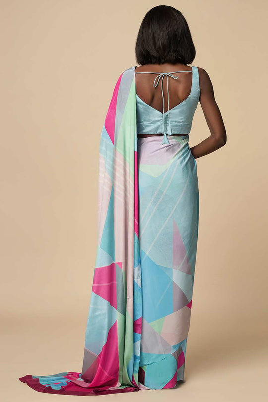 Kriss Turquoise Abstract Crepe Ready2Ship One Minute Saree
