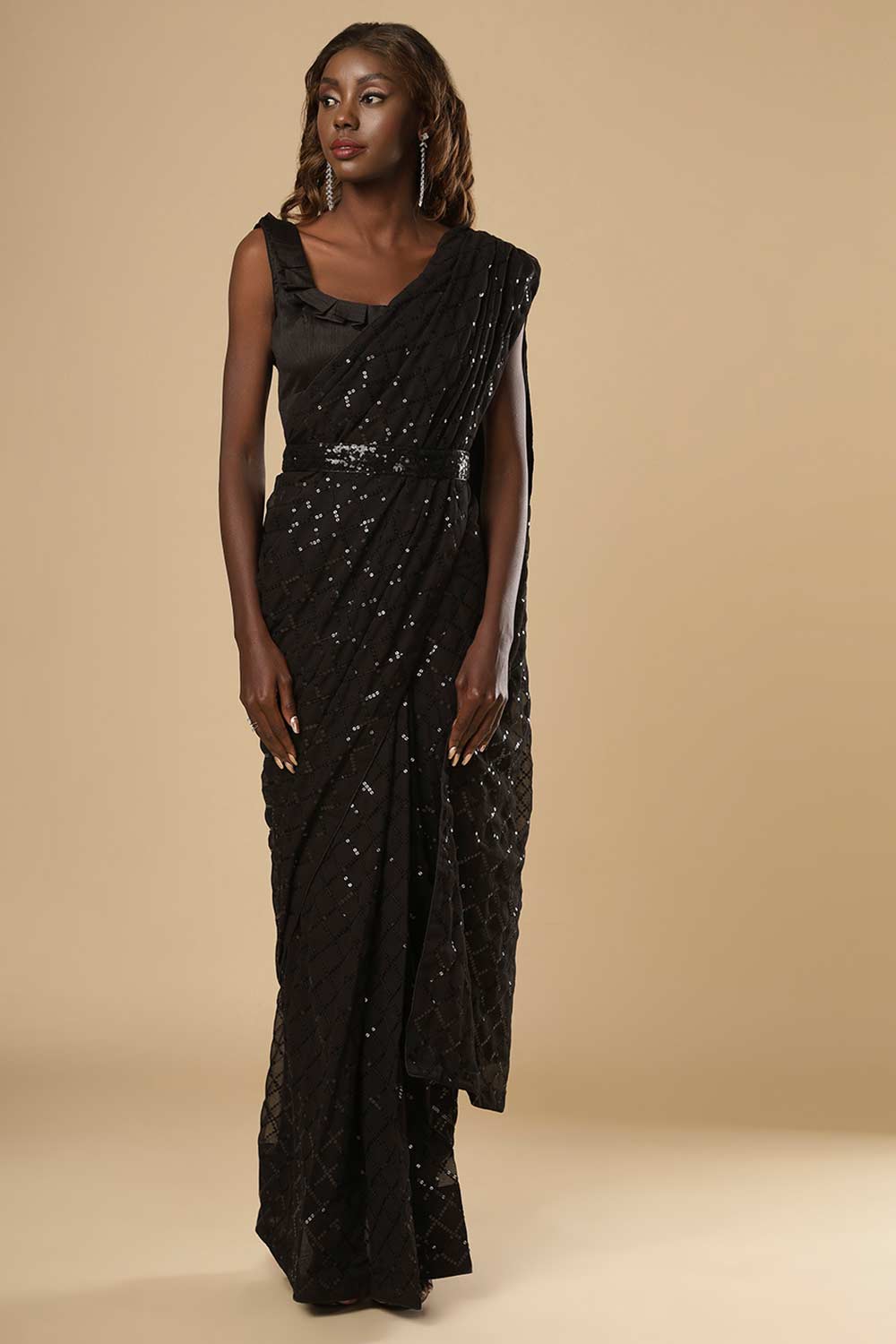 sequin saree dress Sequin Pre-draped Saree With Designer Blouse: Dusty Peach Champagne Indian Wedding