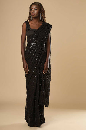 Huda Black Georgette Sequin One Minute Saree
