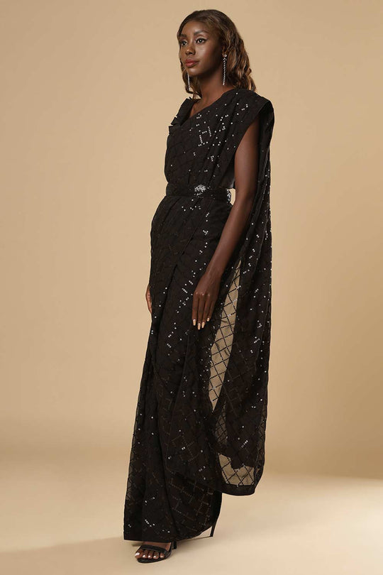 Huda Black Georgette Sequins Ready to Wear One Minute Saree