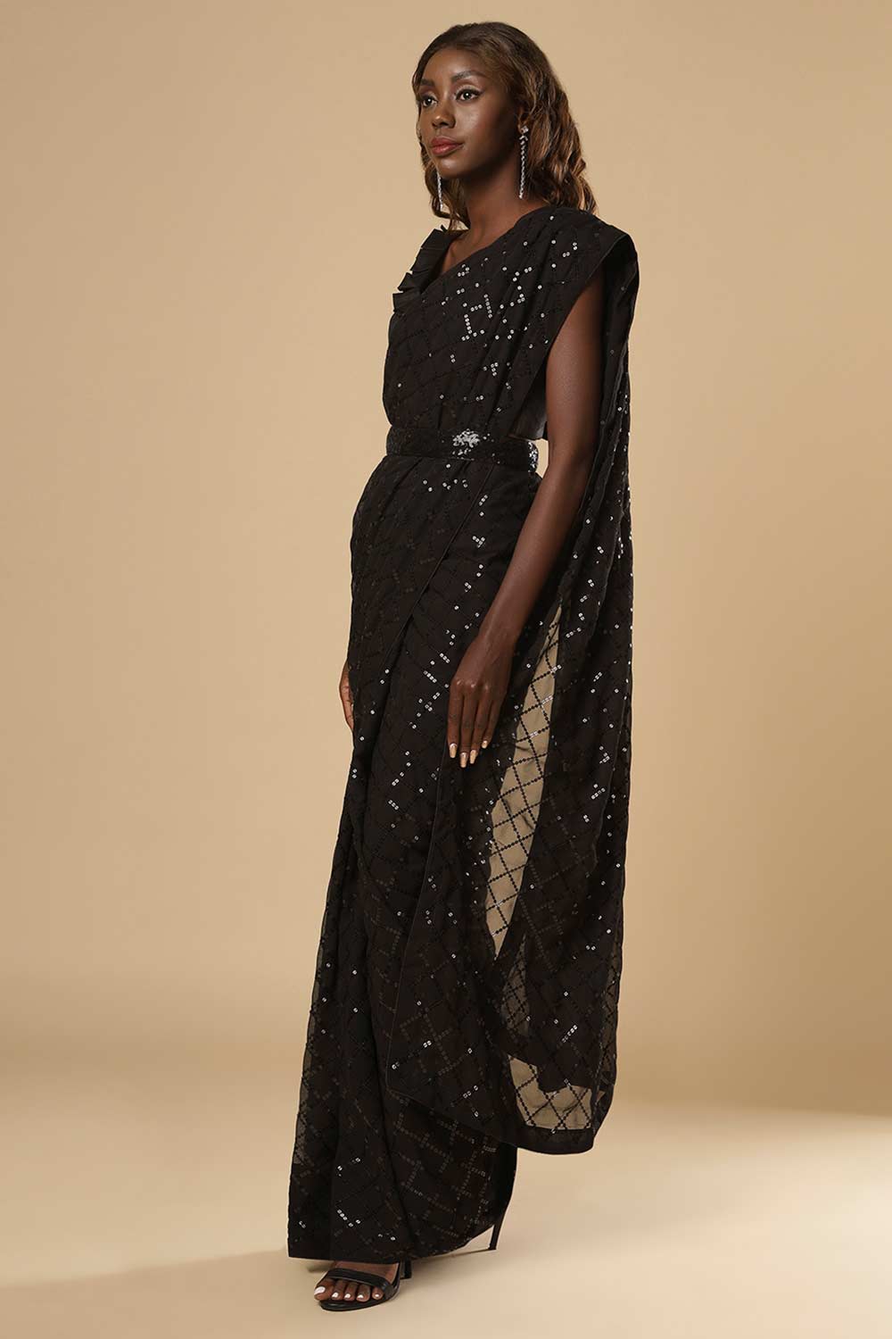 One Minute Saree Women's Anna Black Faux Georgette Sequins Ready To Wear Sari