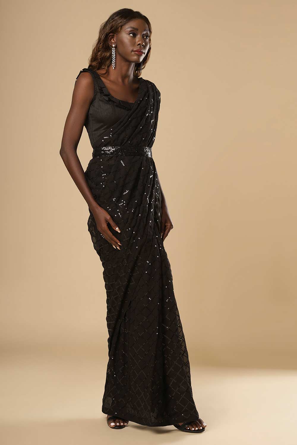 Huda Black Georgette Sequins Ready to Wear One Minute Saree