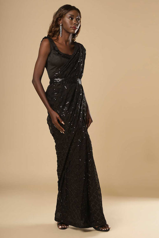 Huda Black Georgette Sequins Ready to Wear One Minute Saree