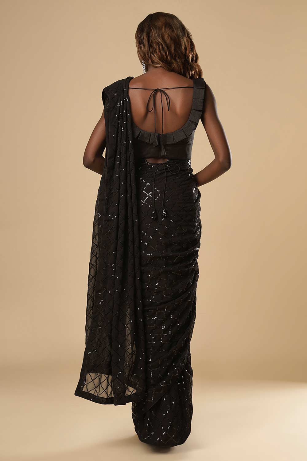 Huda Black Georgette Sequin One Minute Saree