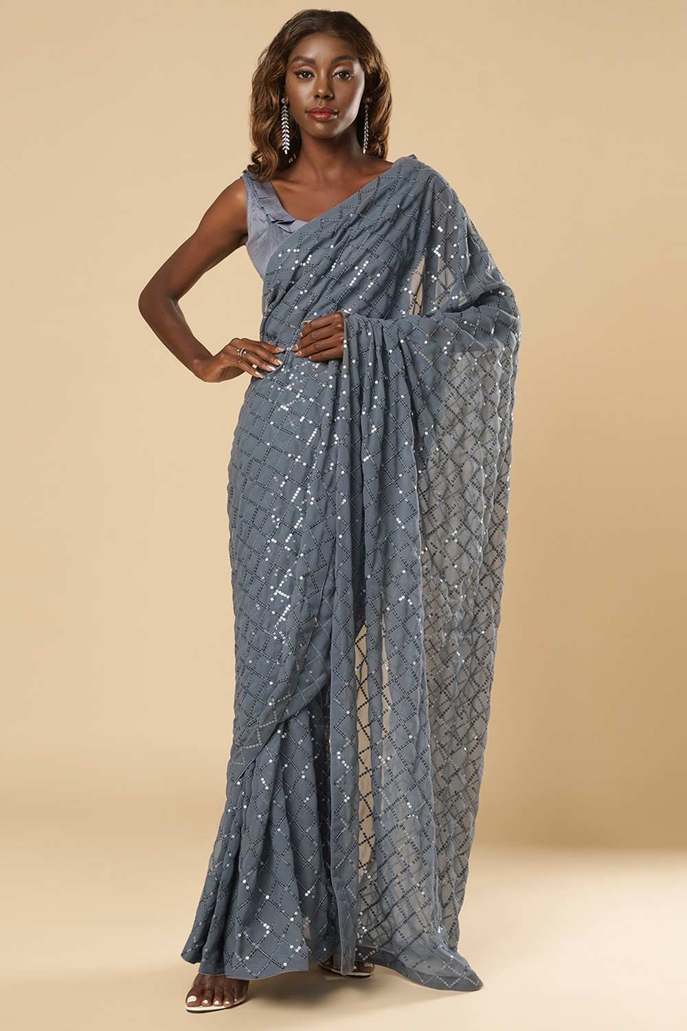 Huda Grey Georgette Sequin One Minute Saree
